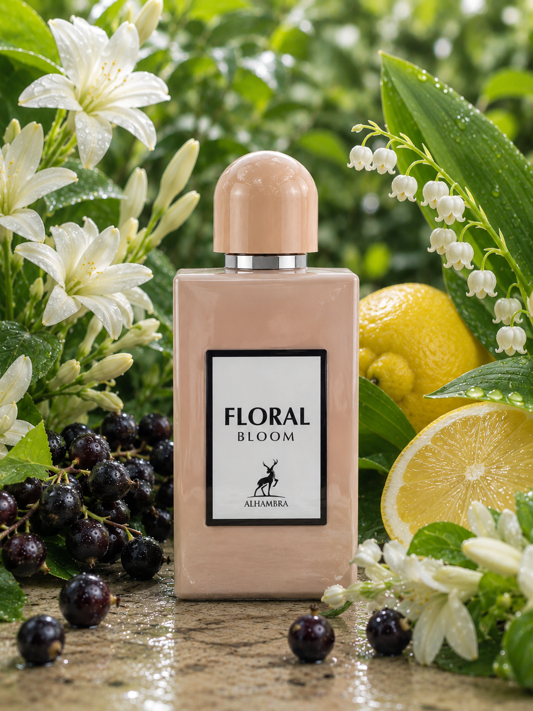FLORAL BLOOM - Eau de parfum Maison Alhambra, mise en scène fleurs blanches, cassis et citron